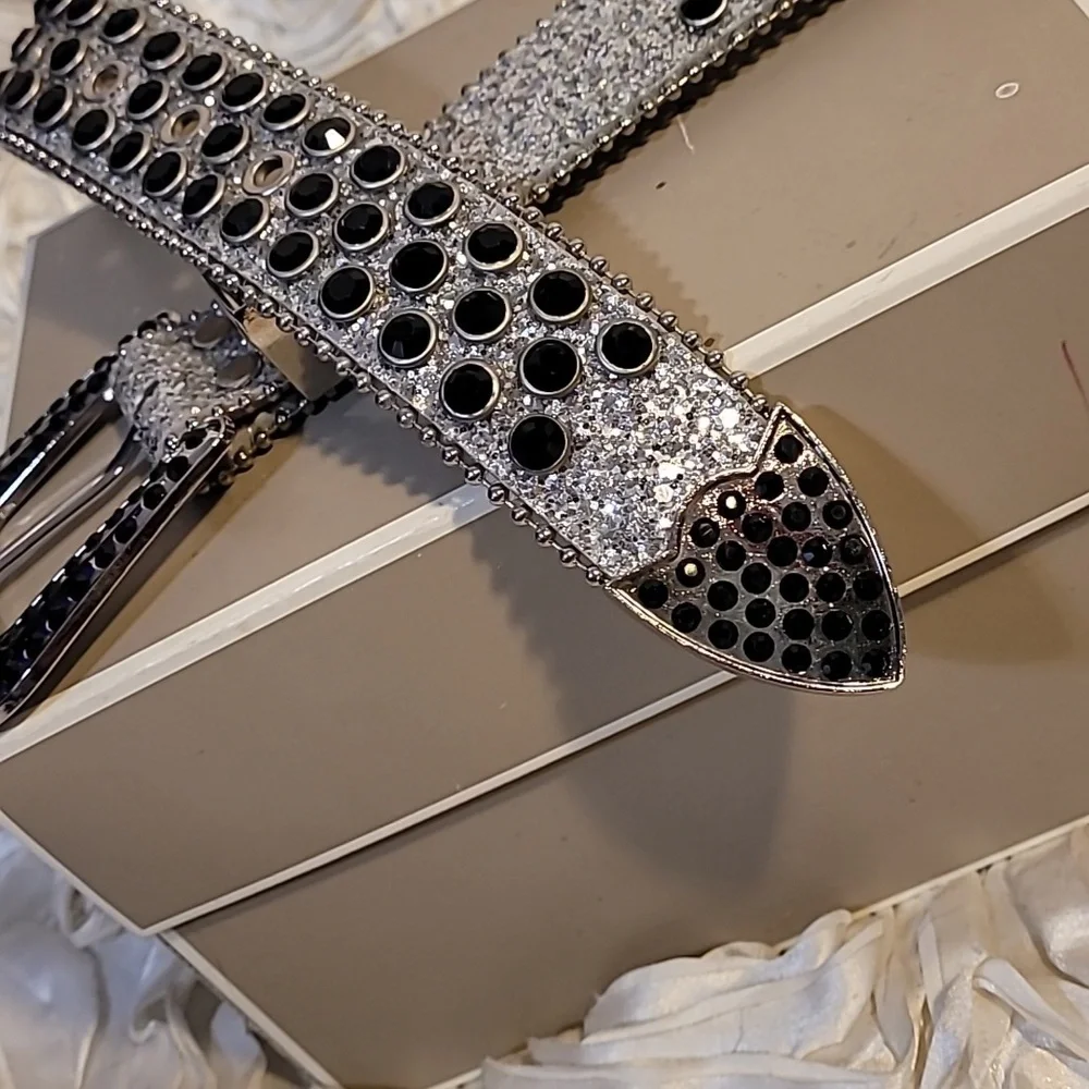 Rhinestone & Black Stud Grommet Womens Belt With Statement Buckle